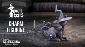 360° view of the Charm Spell Cats Black Cat Witch Figurine 12.5cm showcasing the poised black cat, crooked witch's hat and detailed silver accents.