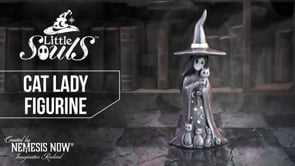 360° view of the Little Souls Aura Witch and Cats Figurine showcasing the cuddling witch soul, five black cats, intricate sculpting, silver moon and star accents, and premium hand-painted resin finish.