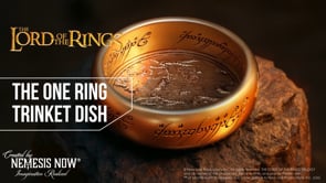 360° view of the Official Lord of the Rings The One Ring Trinket Dish showcasing the iconic Ring inscription, engraved map of Mordor, gold-effect finish, and premium hand-painted resin craftsmanship.