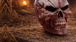 360° view of the Hall of Horrors: The Keeper of the Harvest Skull 14.7cm showcasing the scarecrow-inspired skull, stitched sackcloth texture, straw detailing, intricate sculpting, and premium hand-painted polyresin finish.