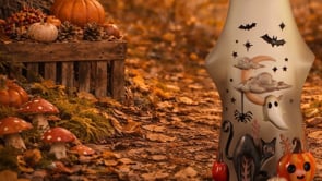 Boo-Who? Mortimer 13.5cm Nemesis Now ghost figurine featuring a black cat, pumpkins, bats, dangling spider and crescent moon