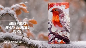 When Robins Appear Embossed Purse 18.7cm by Nemesis Now featuring detailed robin artwork, embossed wing detail, vivid orange and red tones, multiple compartments and a secure stud-press closure