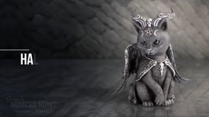 Halpurr 11.7cm Nemesis Now Cult Cuties gothic black cat figurine with twisted horns, tiny wings, flowing cape, silver detailing and skull
