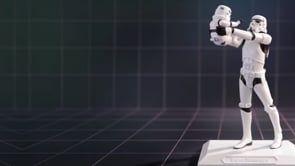 Original Stormtrooper Who's the Daddy? figurine featuring a proud trooper holding a baby Stormtrooper in miniature armour