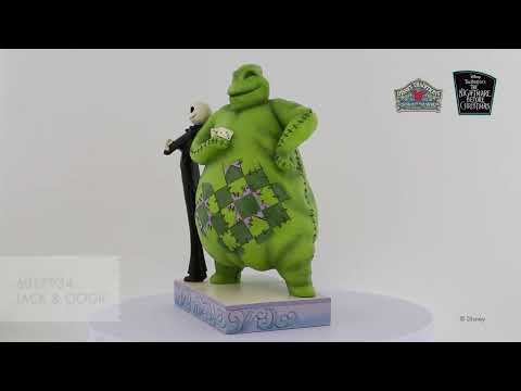 360° view of the Jack Skellington and Oogie Boogie Figurine by Disney Traditions showcasing Jim Shore's folk-art detailing, Oogie Boogie's dice and the spooky Halloween Town characters.