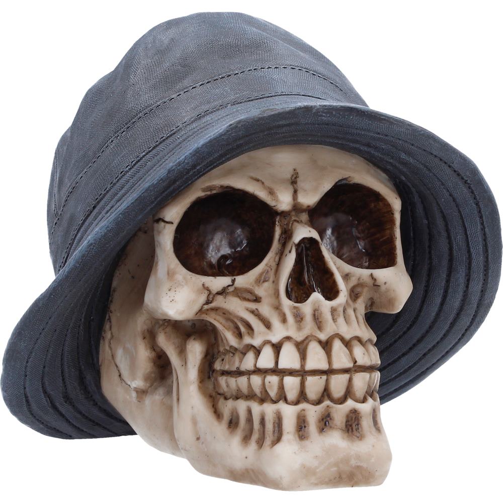 Close-up of skull and bucket hat detailing