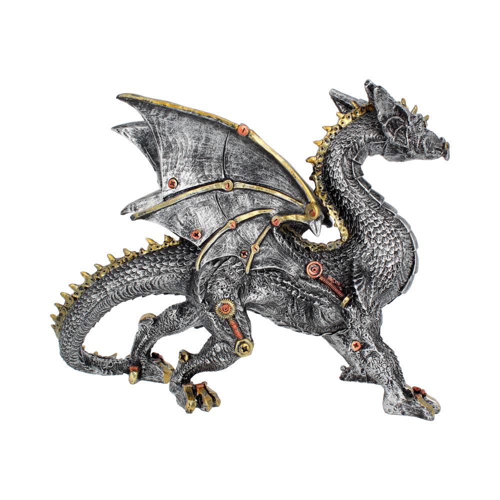 Dracus Machina Steampunk Dragon Figurine showing the detailed iron wings, bronze gears, cybernetic enhancements, and premium hand-painted resin craftsmanship.
