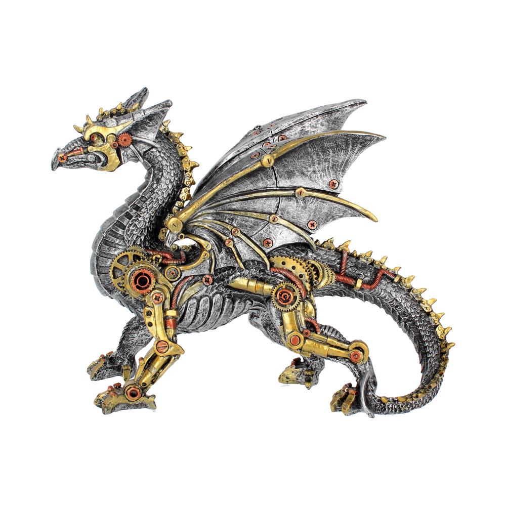 Dracus Machina Steampunk Dragon Figurine 31.5cm featuring a mechanical dragon with exposed gears, steel armour plating, iron wings, and a premium hand-painted resin finish.