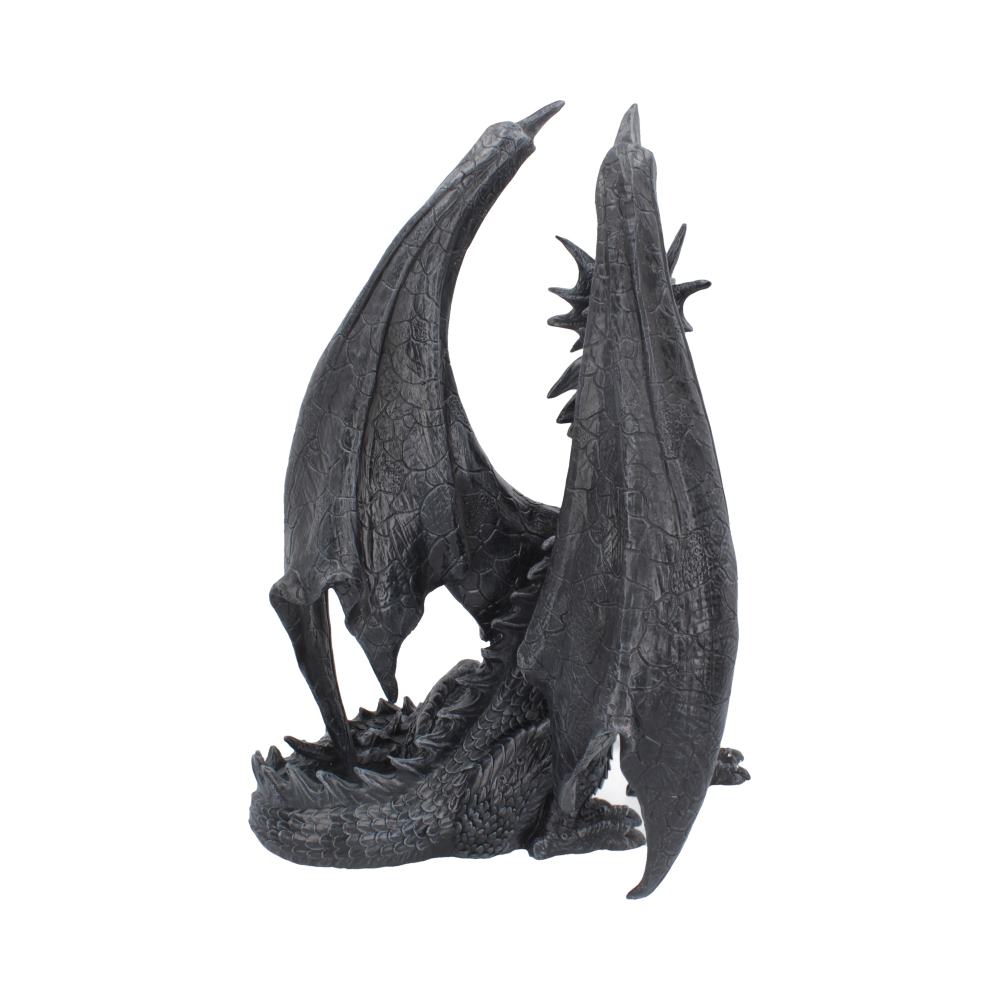 Rear view of the Black Wing Dragon Figurine showing the detailed sculpted wings, textured black scales, sweeping tail, and premium hand-painted resin craftsmanship.