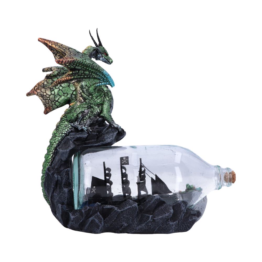 Rear view of The Adventure Dragon Figurine showing the detailed green dragon, pirate ship in a bottle, dragon hatchling, rocky base, and premium hand-painted resin craftsmanship.