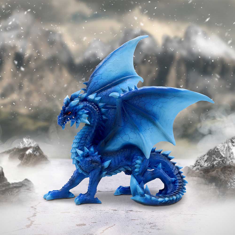 A figurine of an icy blue dragon with detailed wings and sharp spikes, cast in resin and hand-painted on display