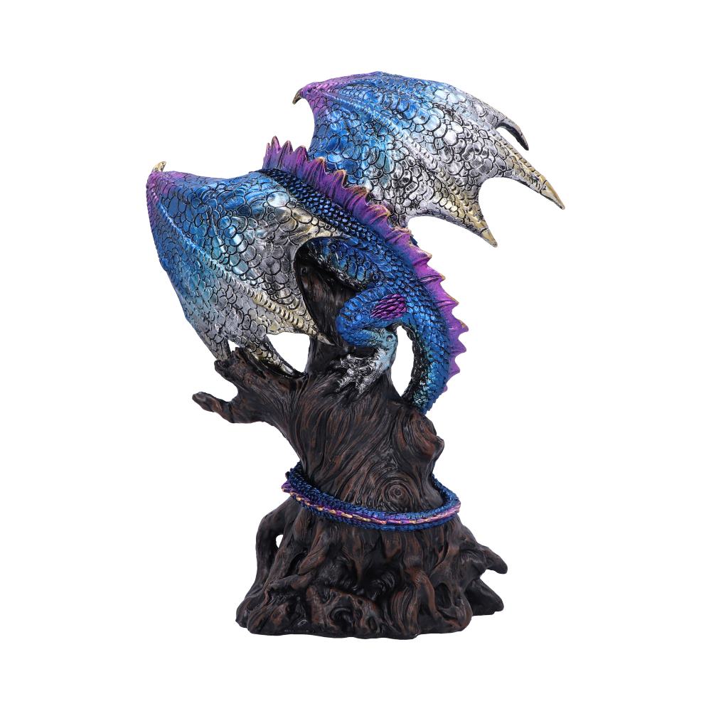 Rear view of the Ealdwoode Dragon Figurine showing the dragon's sculpted wings, coiled tail around the tree trunk, textured bark, and premium hand-painted resin craftsmanship.