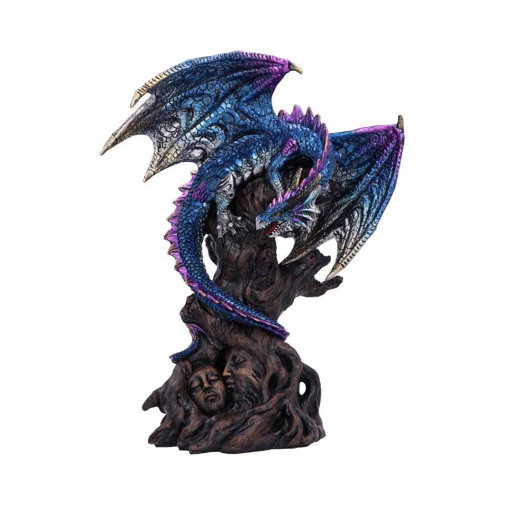 Ealdwoode Dragon Figurine 27.5cm featuring a metallic dragon perched atop an ancient tree trunk with intricate hand-painted resin detailing.