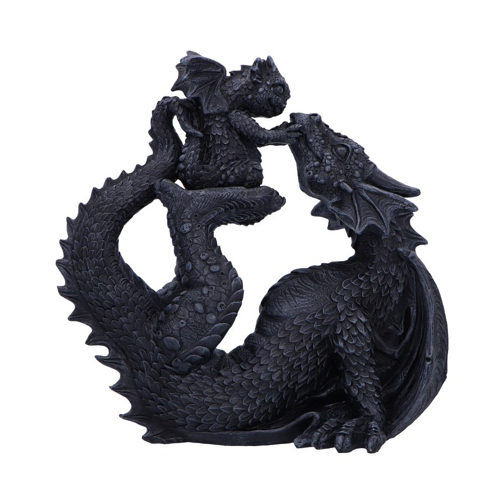 Drakaina and Dragonling Figurine showing the detailed black drakaina, baby dragon, sculpted wings, textured scales, and premium hand-painted resin craftsmanship.