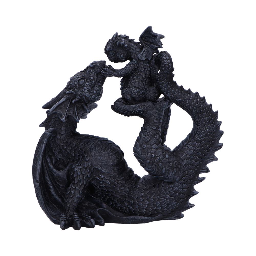 Drakaina and Dragonling Figurine 22cm featuring a majestic black drakaina reclining while gently cradling her baby dragon in a premium hand-painted resin finish.