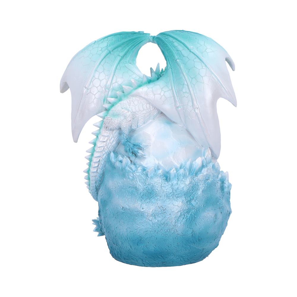 Rear view of the Northern Lights Dragon Figurine showing the detailed dragon, illuminated crystal geode base, sculpted wings, and premium hand-painted resin craftsmanship.