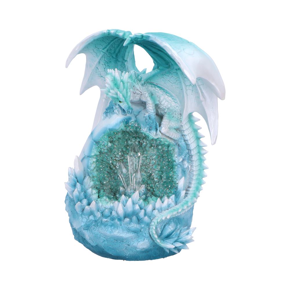 Northern Lights Dragon Figurine 20cm featuring a light blue dragon perched on a glowing icy geode with a premium hand-painted resin finish.