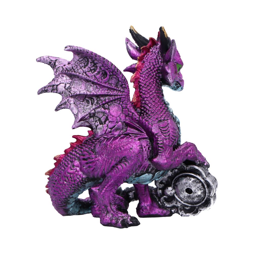 Rear view of the Keeper of the Key Purple Dragon Figurine showing the sculpted wings, iridescent metallic finish, ornate key, and hand-painted resin craftsmanship.