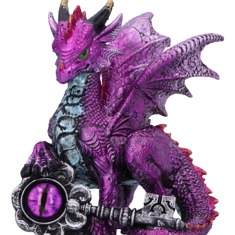 Hand-painted purple dragon ornament holding silver key