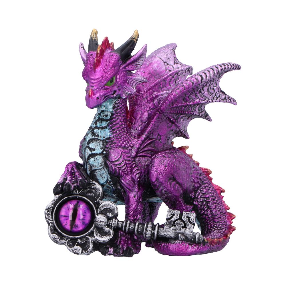 Keeper of the Key Purple Dragon Figurine 9.5cm featuring a metallic purple dragon holding an ancient silver key with a decorative purple glass eye.