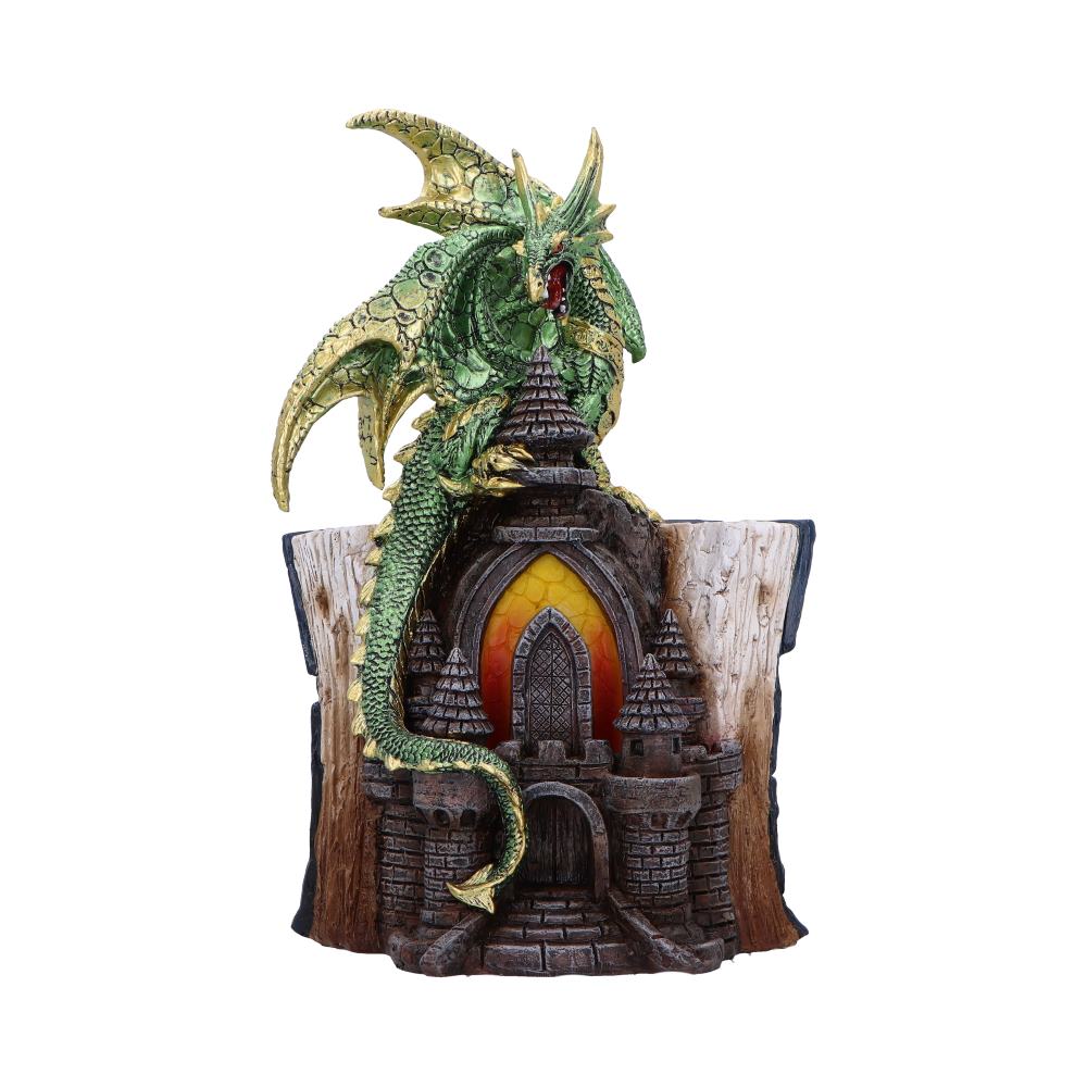 Draconis Arcanum Figurine 25cm featuring a fierce green dragon guarding ancient castle ruins.