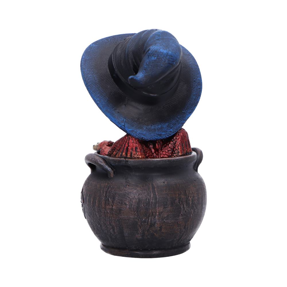 Back view of the Spell Scale dragon figurine showing the gothic cauldron, witch's hat, detailed red scales, and hand-painted resin finish.