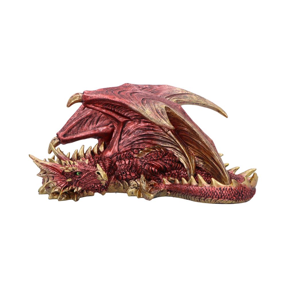 Aaden Dragon Figurine (Large) 16.3cm featuring a metallic red dragon curled in a resting pose with vivid yellow horns and detailed scales.