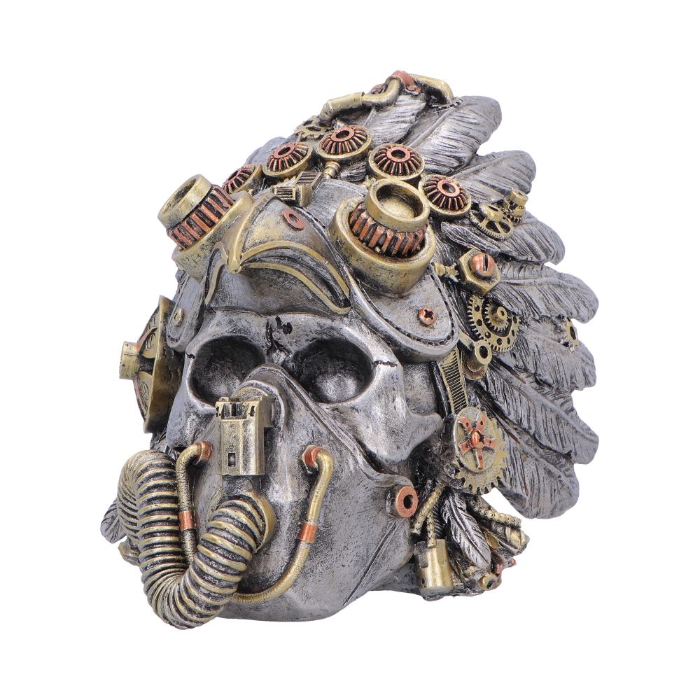 Skull figurine side view showing gears and cogs
