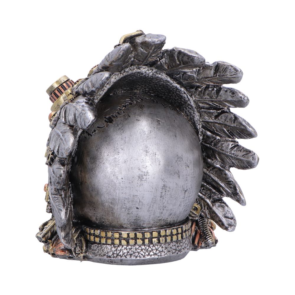 Back view of Cogwork Chief skull figurine resembling a helmet with feathered headdress
