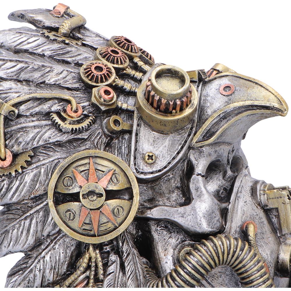 Close-up of a steampunk-style eagle sculpture with gears and mechanical elements.