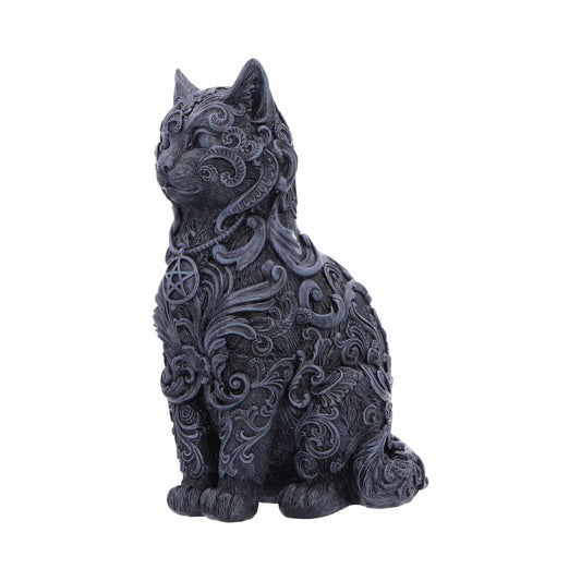 Black cat ornament side view showing swirl detailing