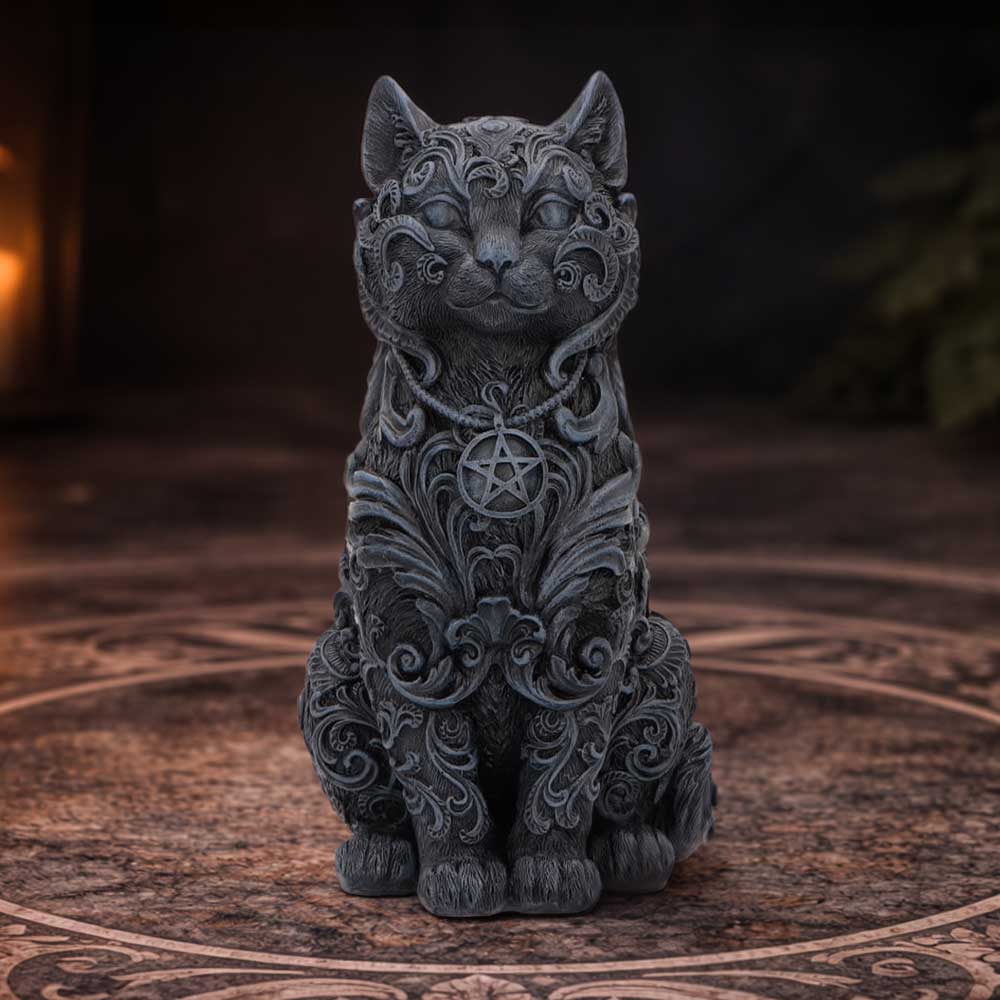 Mystical black cat figurine with pentagram necklace