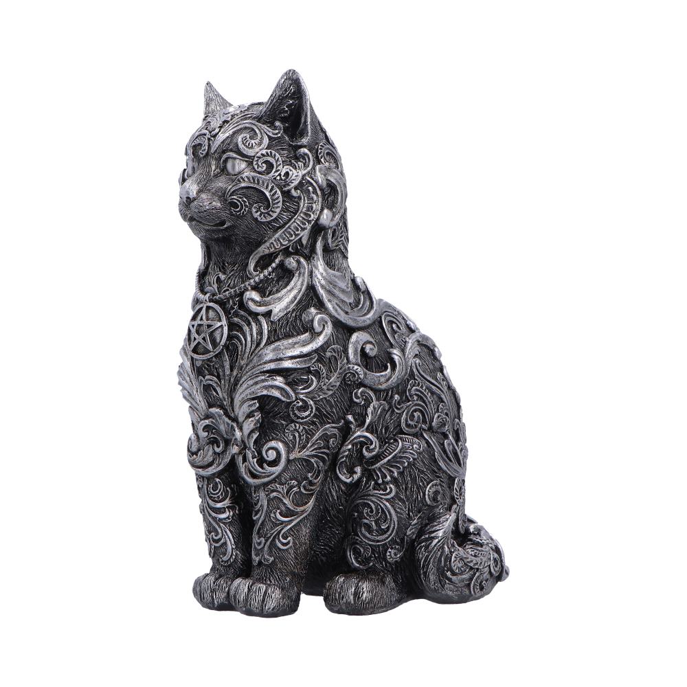 Silver cat ornament side view showing swirl detailing