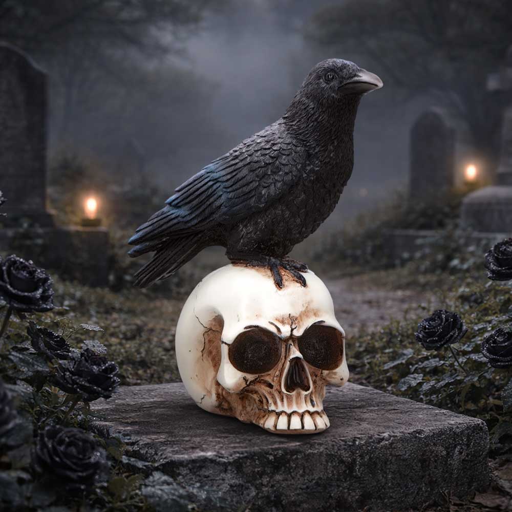 Fantasy hand-painted gothic raven and skull décor ornament with realistic detailing