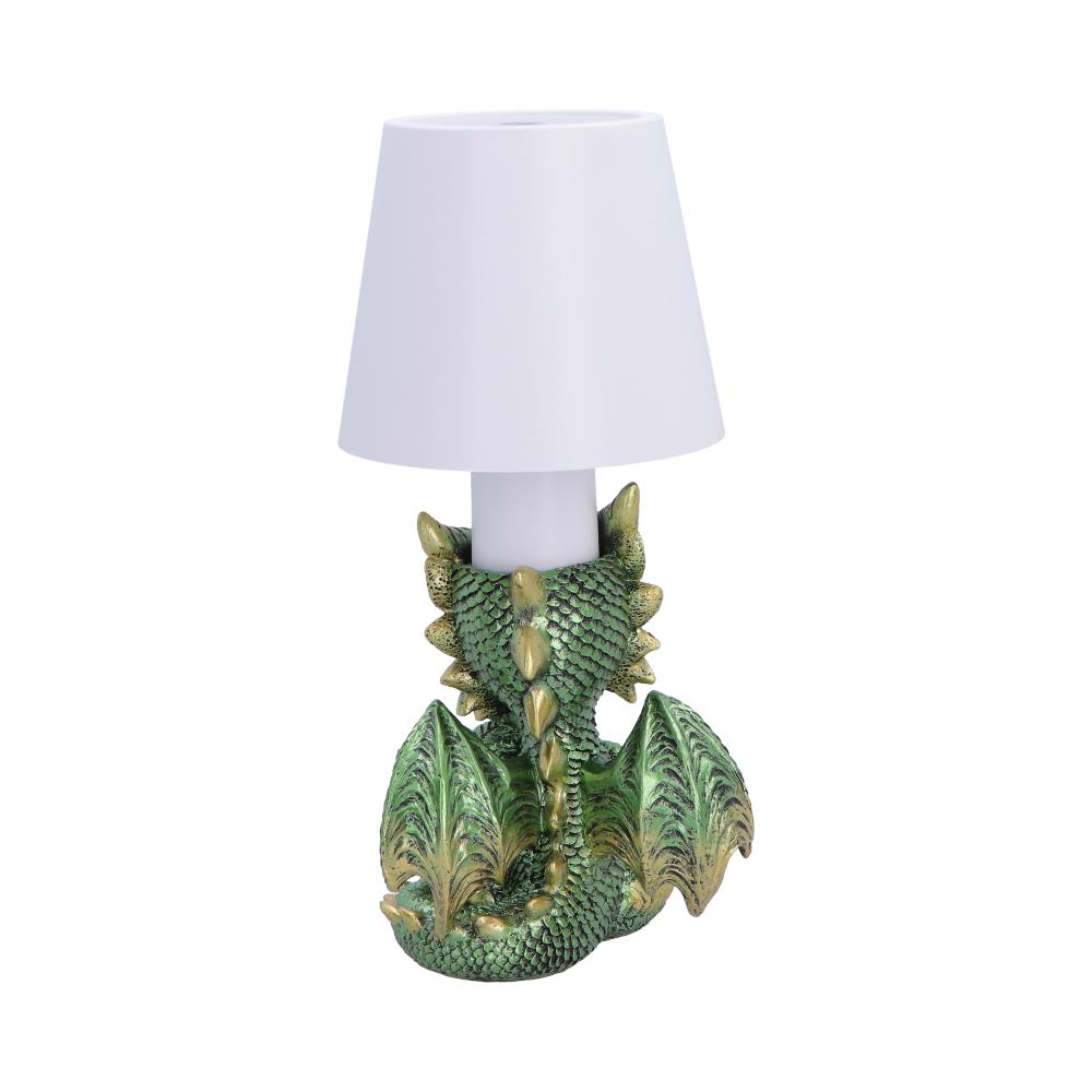 Back view of The Bookwyrm Dragon Lamp showing dragon detail