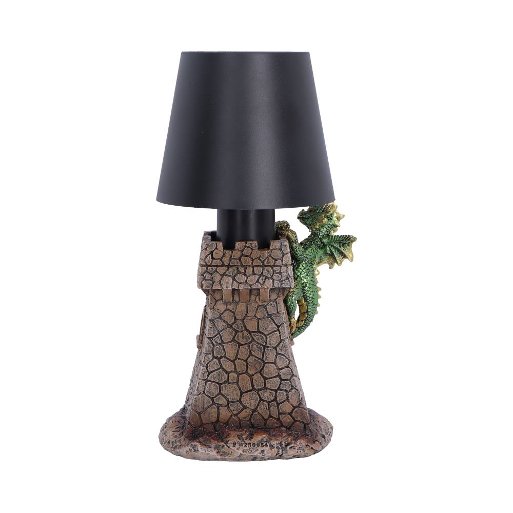 Back view of Castle Keeper Dragon Lamp showing castle detail