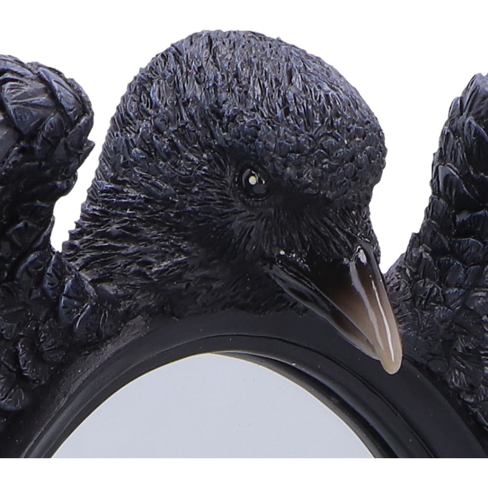 Close-up of raven head detail on gothic mirror