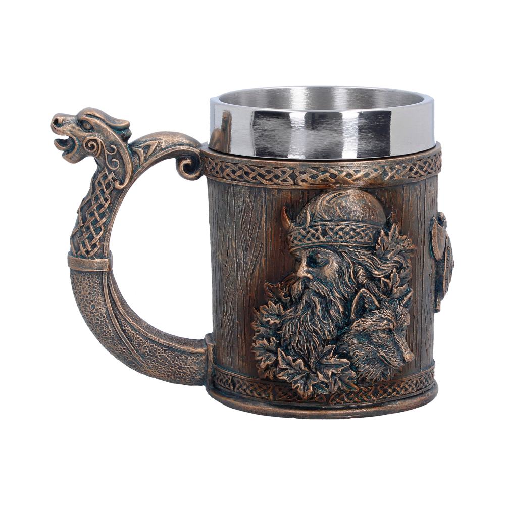 Back view of Til Valhalla Viking tankard showing Viking portrait detail