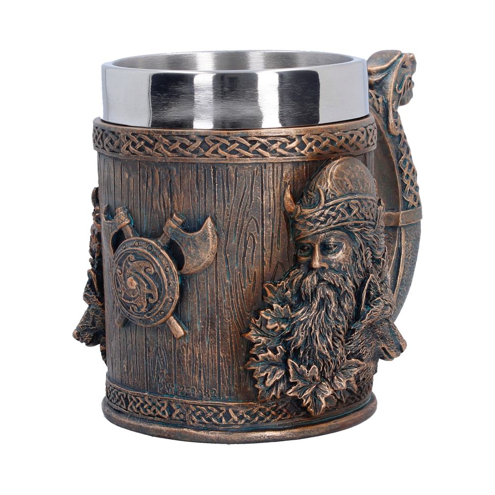 Viking mug side view showing shields and axes