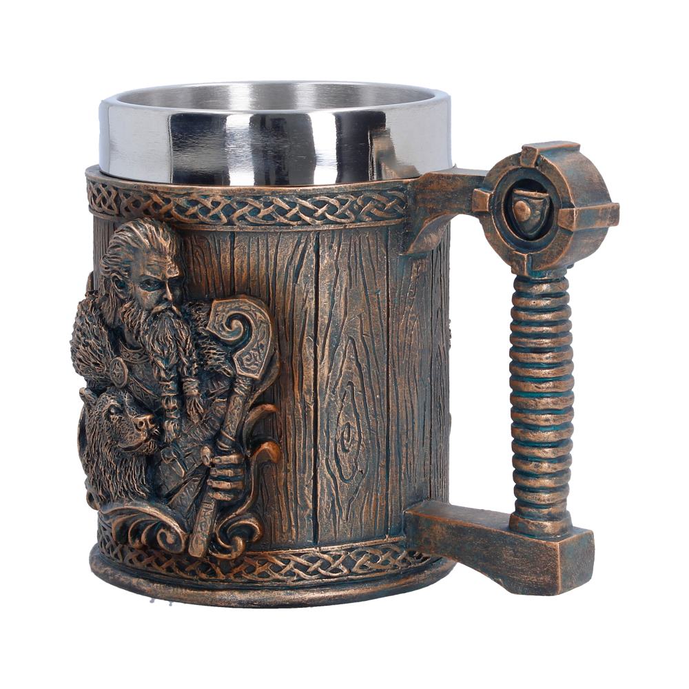 For The Gods tankard with intricate designs and a wooden texture
