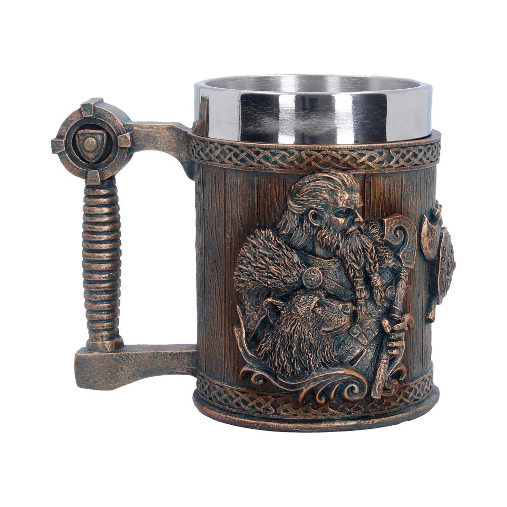 Back view of For The Gods Viking tankard showing detailed design