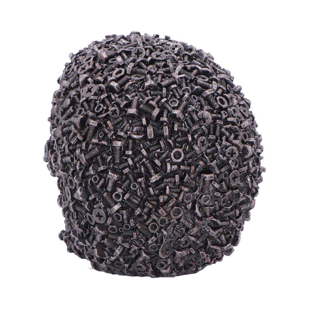 Back view of Screwed skull figurine showing industrial detail