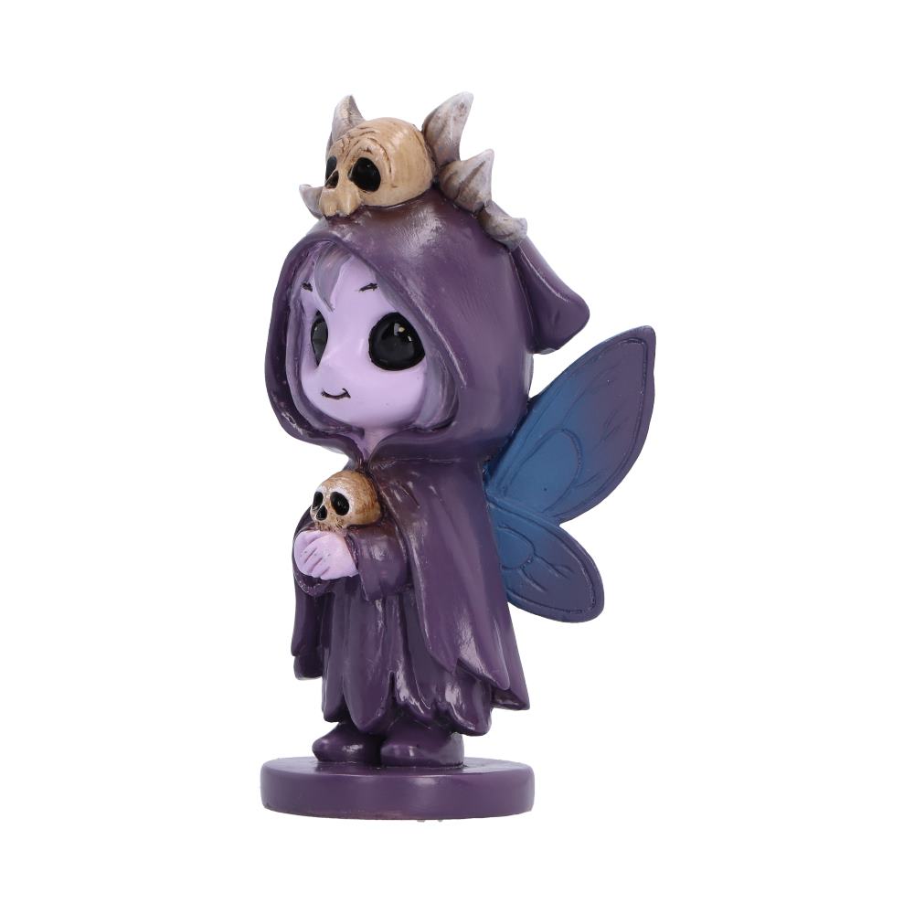 Side view of Spirit Fairy Moorwyn gothic fairy figurine with blue wings, holding a small skull