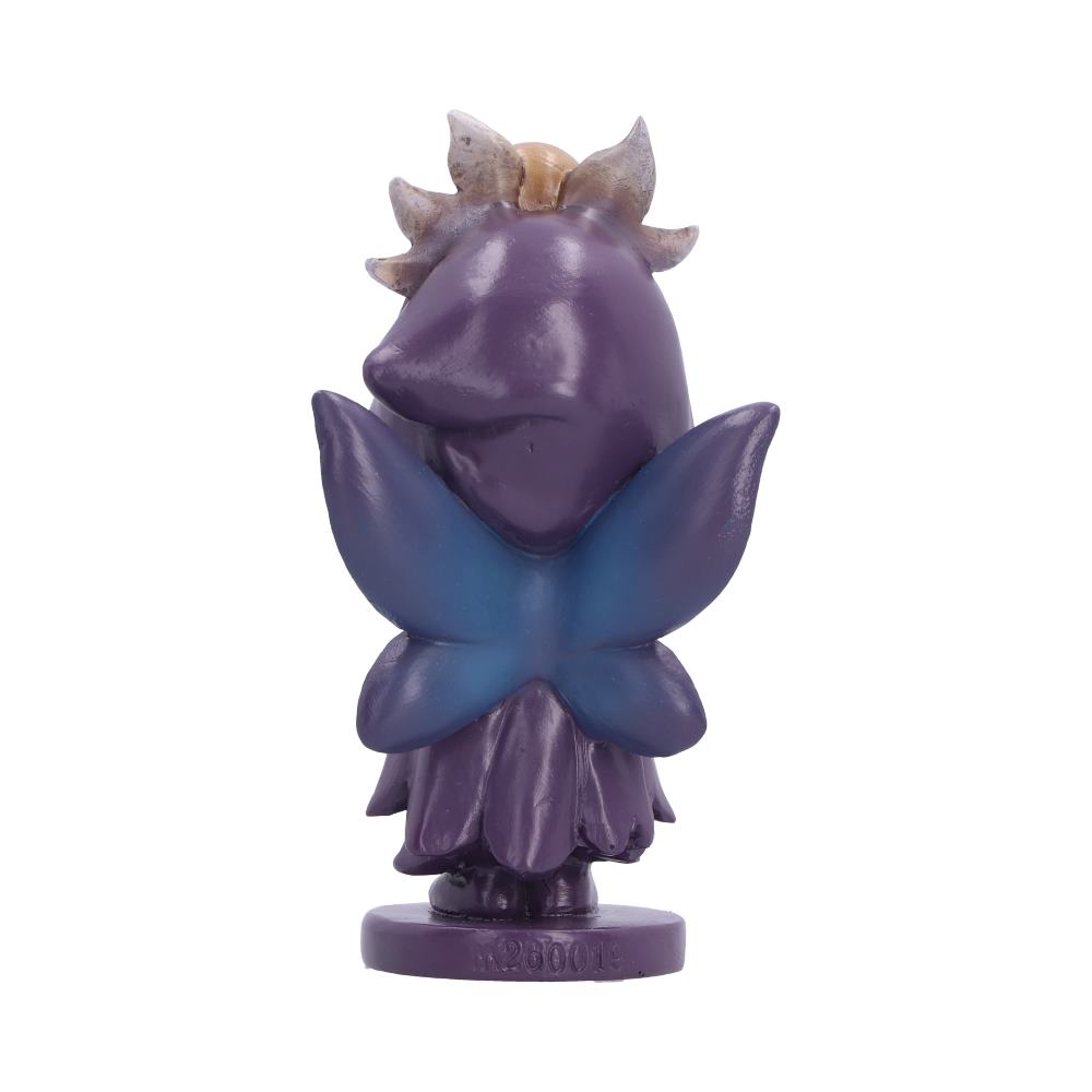 Rear view of Moorwyn Spirit Fairies figurine with dark wings and a horned headpiece, standing on a round base