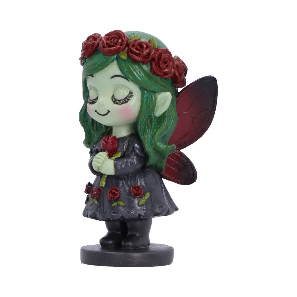 Side view of Spirit Fairy Elaria figurine with  green hair, a red rose crown, and a dark gray dress decorated with red roses, standing on a round black base