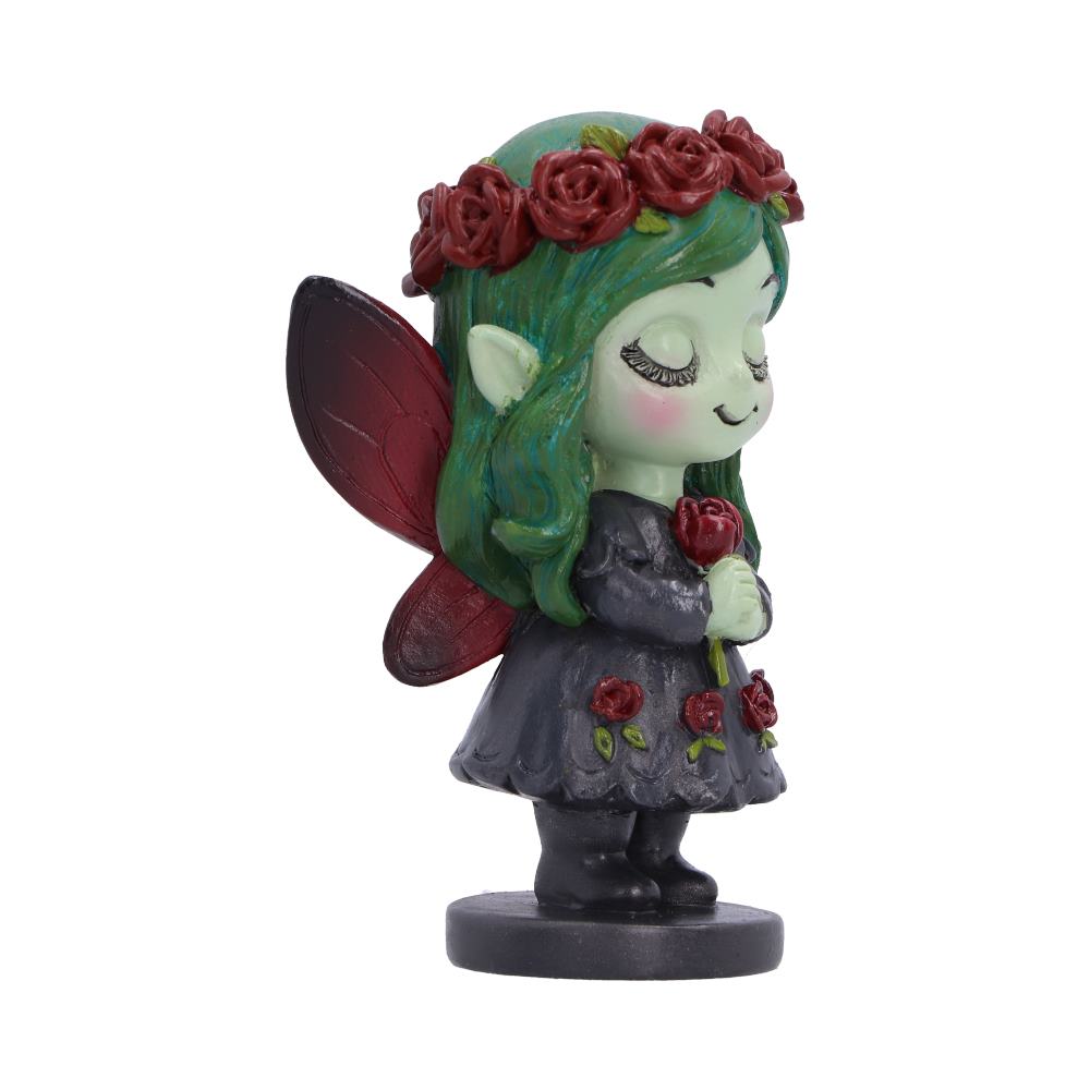 Hand-painted Spirit Fairy Elaria gothic figurine with green hair, red rose crown, closed eyes, dark dress, and red wings, standing on a round base