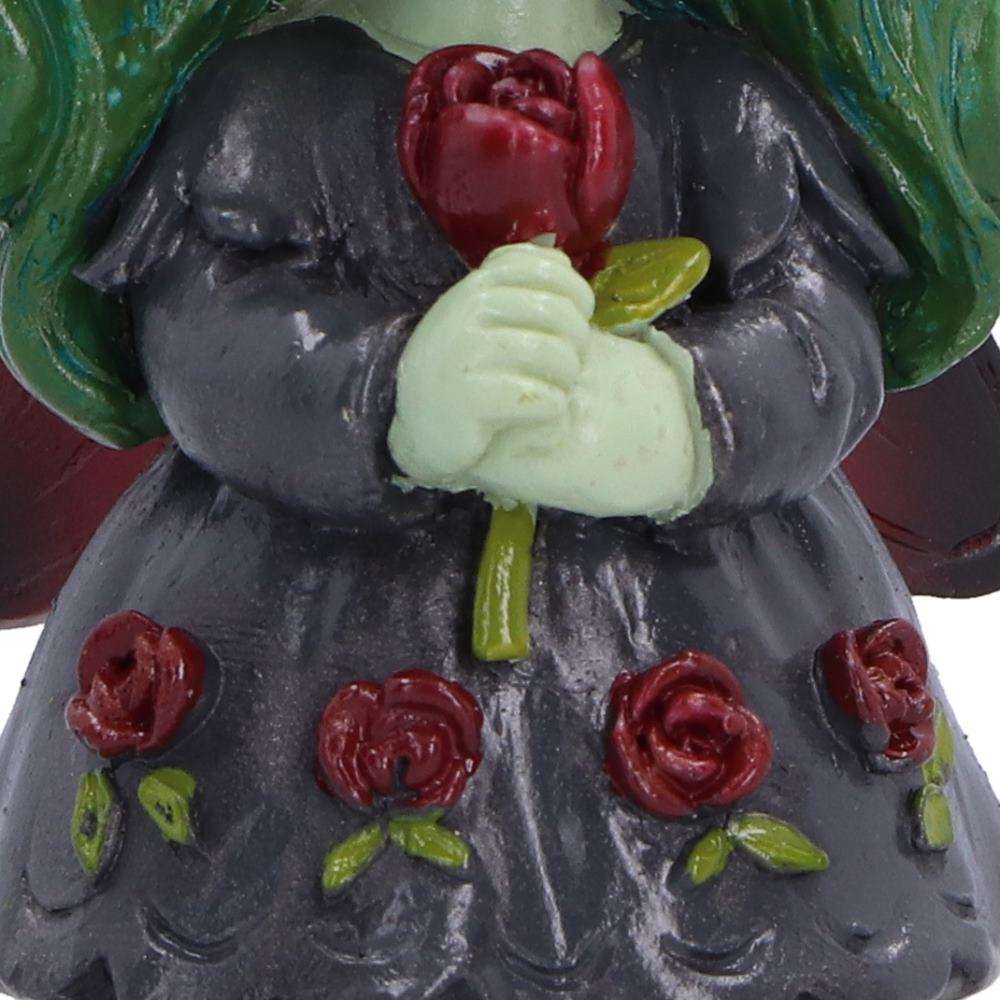 Close-up of Spirit Fairy Elaria holding a red rose, with red roses and green leaves on the dress and green hair visible at the top.