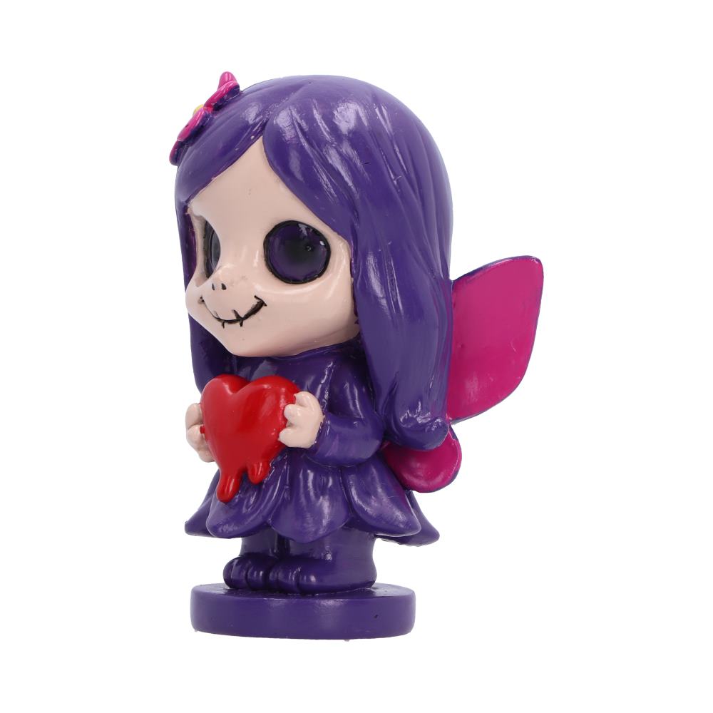 Side view of Spirit Fairy Mirella figurine of a purple-haired girl with large dark eyes, holding a red heart, with pink wings and a purple base