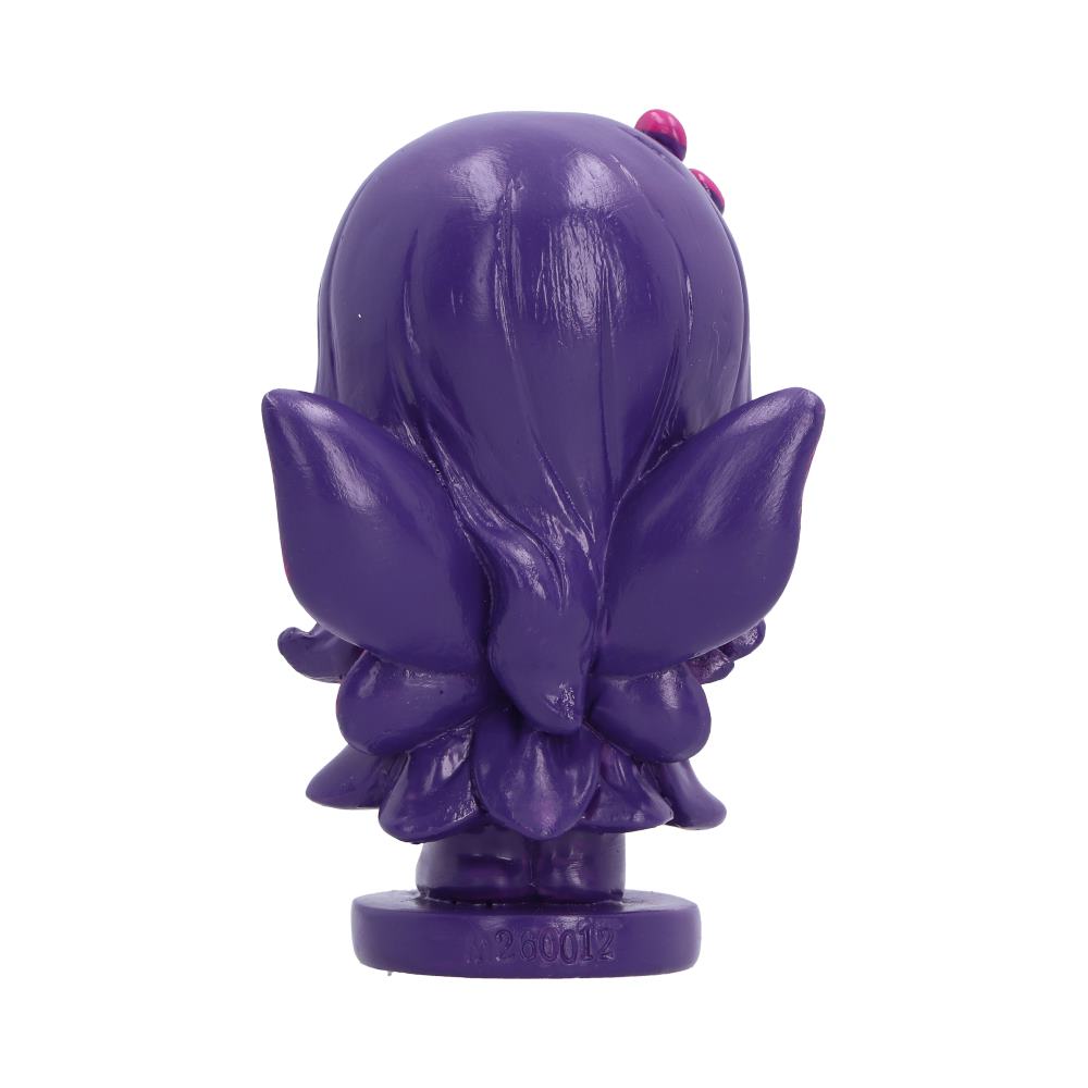 Rear view of Spirit Fairy Mirella fairy figurine featuring long hair, leaf-like side details, and a small pink hair accessory, standing on a matching purple base