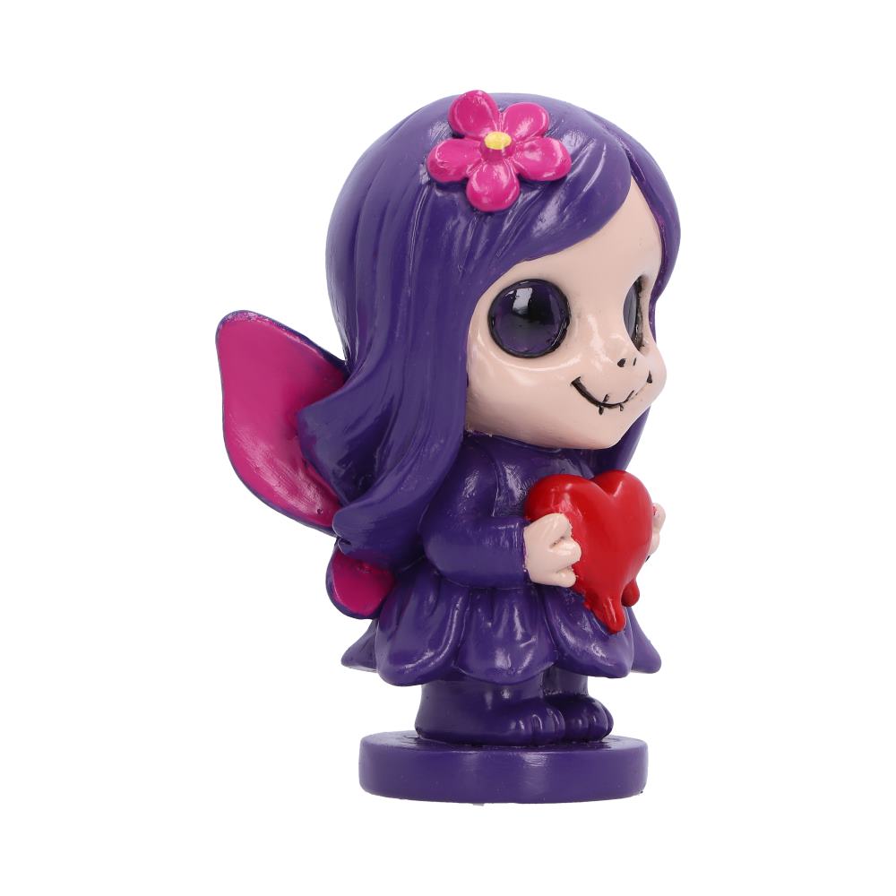 Hand-painted Spirit Fairy Mirella gothic fairy figurine with a pink flower in its hair, holding a red heart
